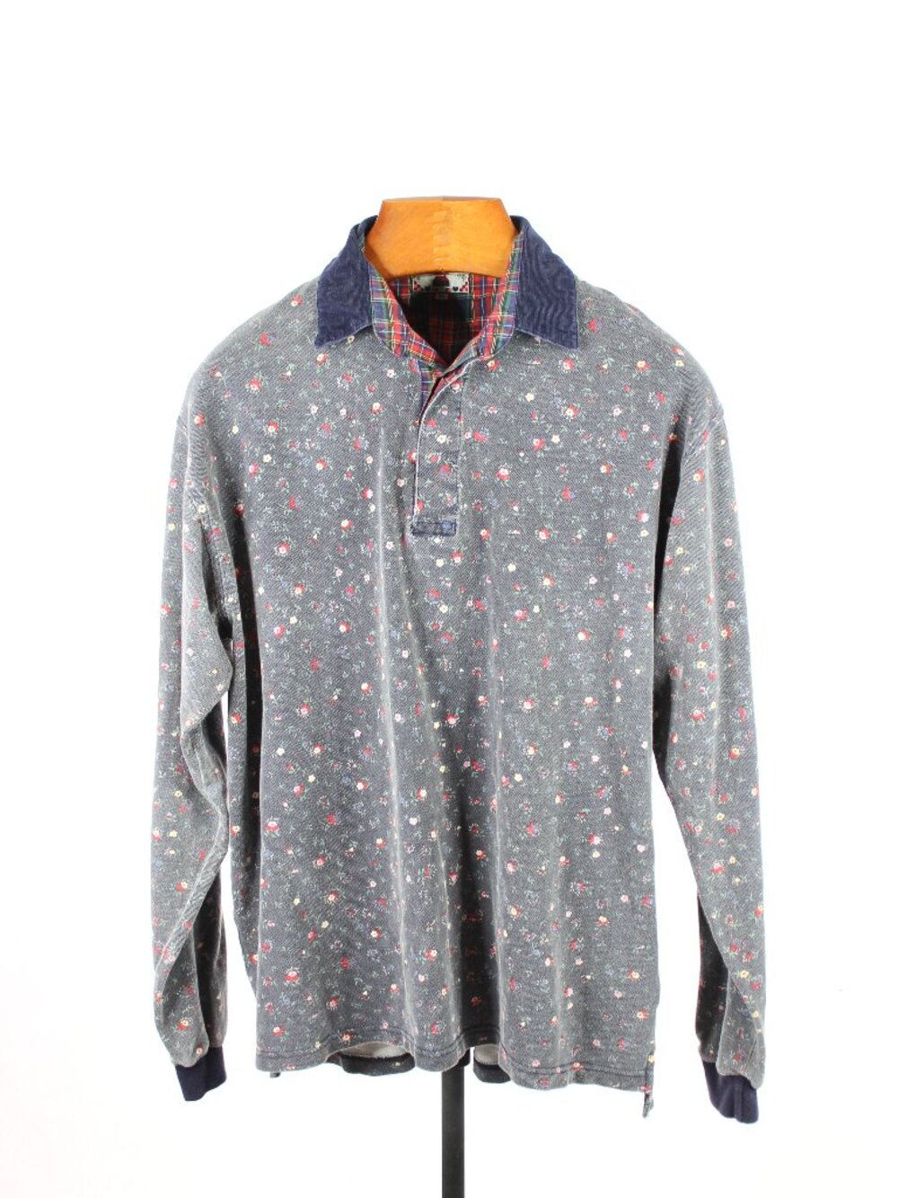 Vintage CLUB MONACO Dark Blue Floral Cotton Thermal Polo Henley T-Shirt, Size XL